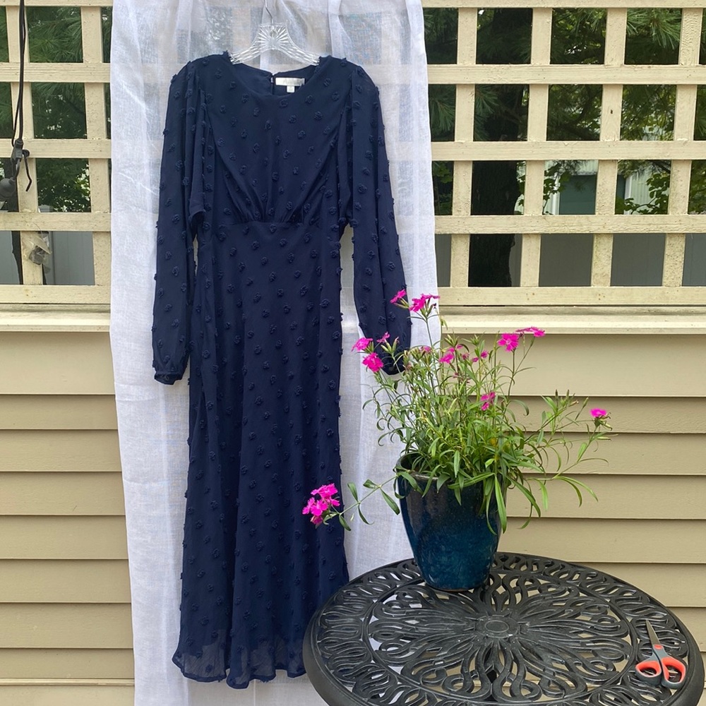 Anthropologie NWT Navy size 4 flattering midi dress.
